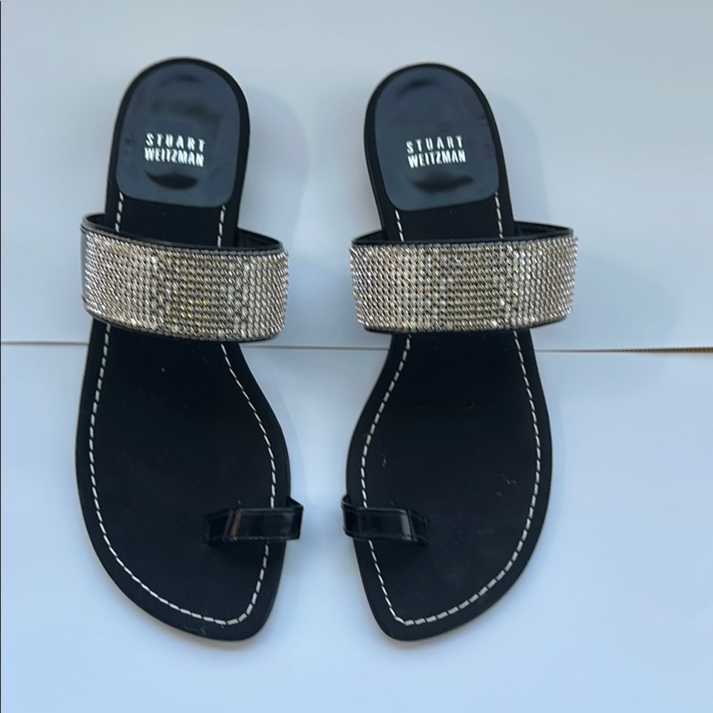 Stuart Weitzman Black Sandals with Silver Accents